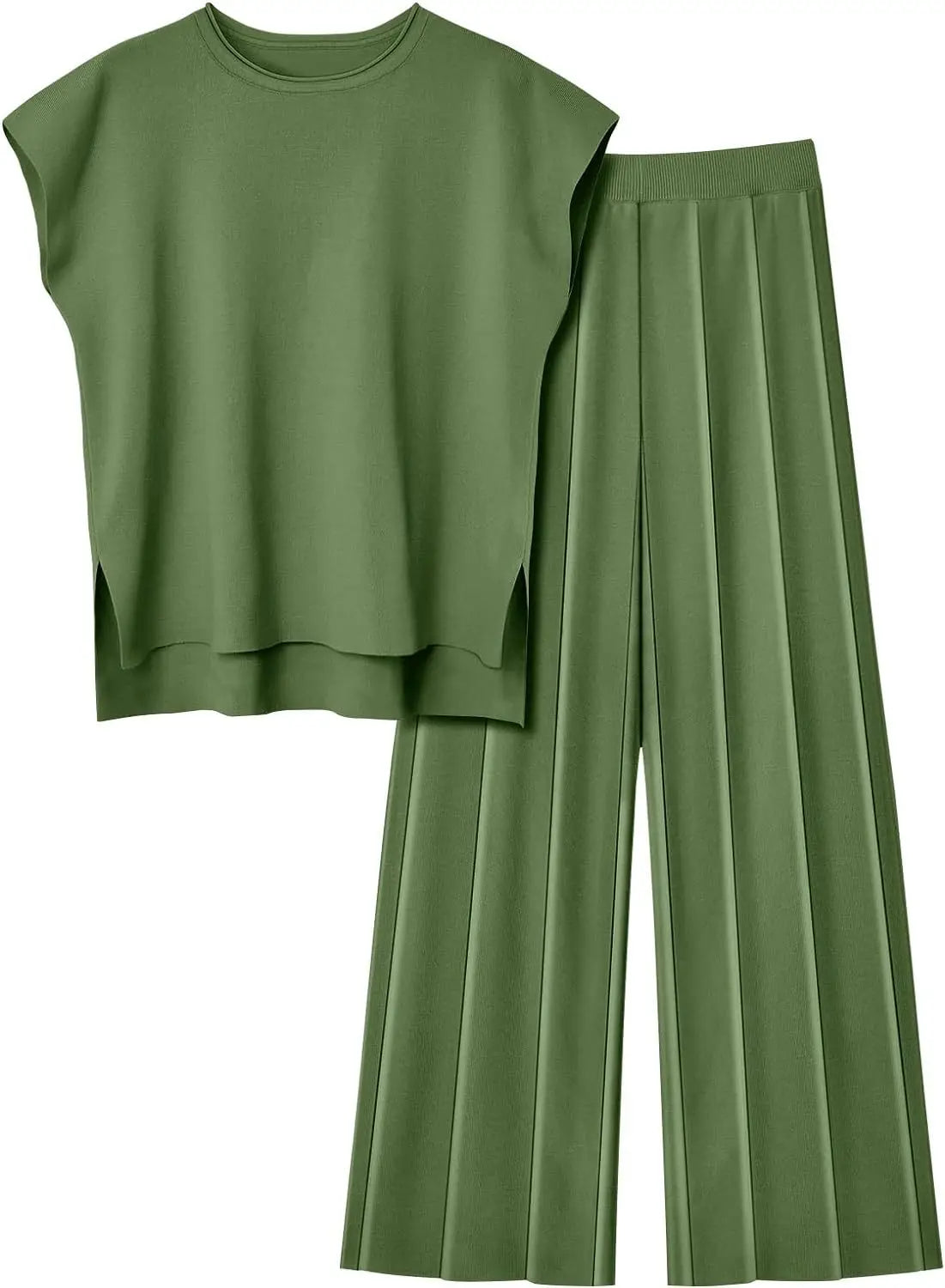 Knitted Two Piece Sleeveless Round Neck Top with High Wasted Wide Leg Pants