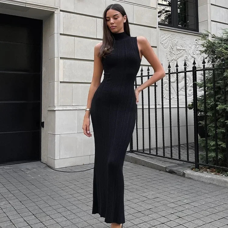 Sleeveless Ribbed Knit Turtleneck Maxi Dress