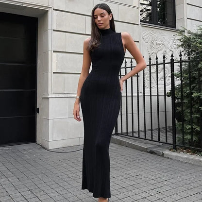 Sleeveless Ribbed Knit Turtleneck Maxi Dress