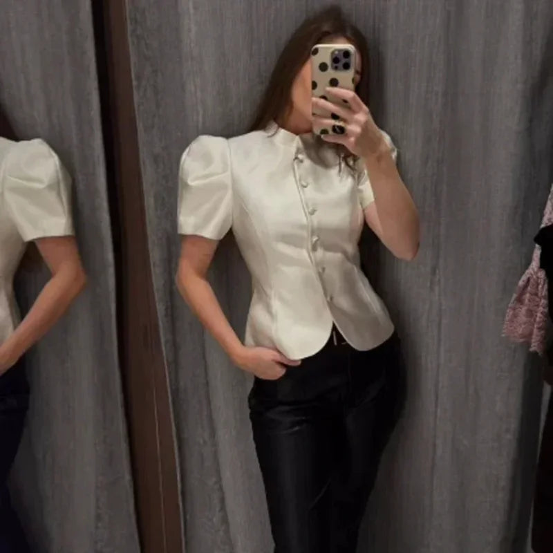 Satin Solid Round Neck Puffer Short Sleeve Button-up Blouse