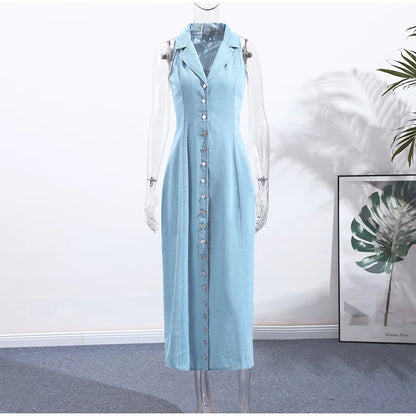 Sleeveless Denim Collared Maxi Dress