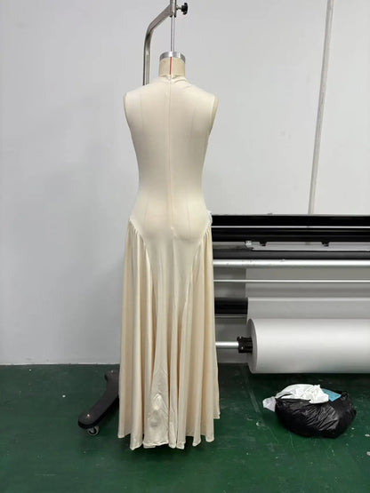 Slim Solid Color Big Hem Long Sleeveless Pleated Evening Dress
