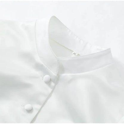 Satin Solid Round Neck Puffer Short Sleeve Button-up Blouse