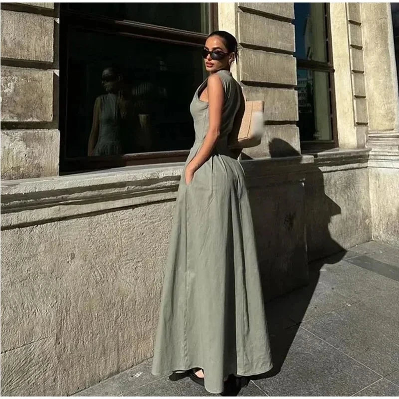 Long Sleeveless Zip-up Maxi Dress