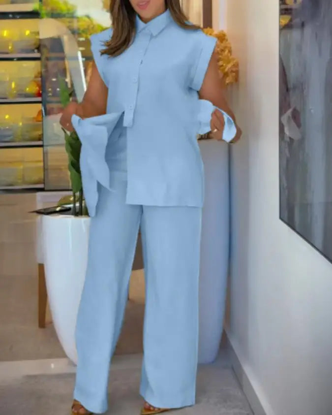 Elegant Short-sleeved Single Breasted Pants Set