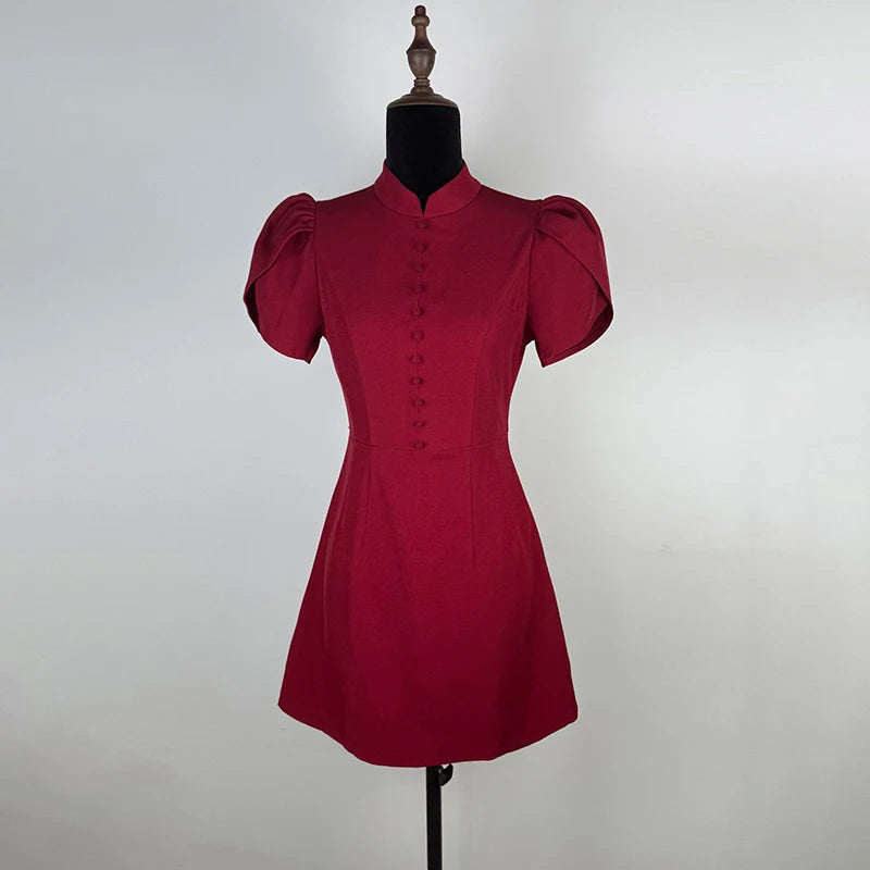 Elegant Stand Collar Puff Sleeves High Waist Dress
