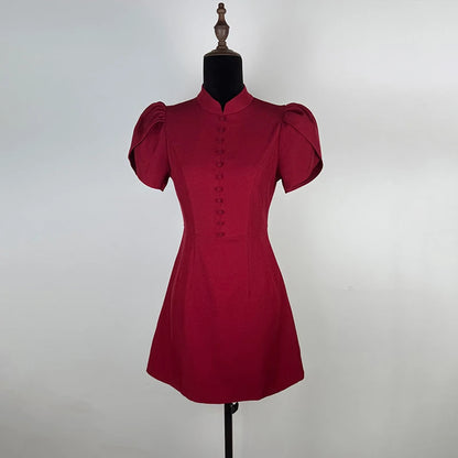 Elegant Stand Collar Puff Sleeves High Waist Dress