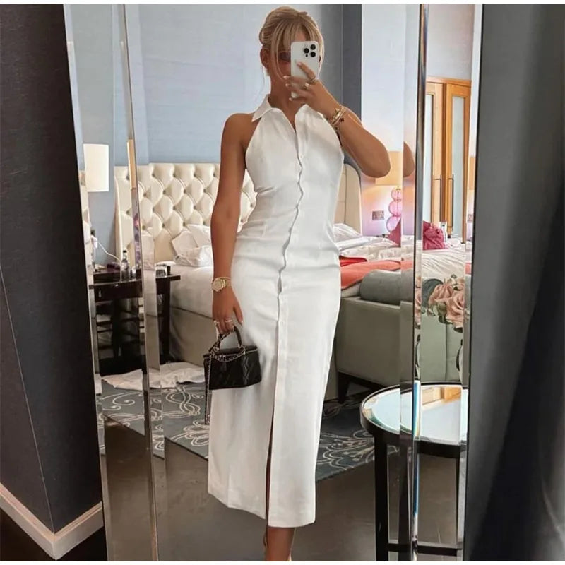 White Sleeveless Collared Denim Maxi Dress