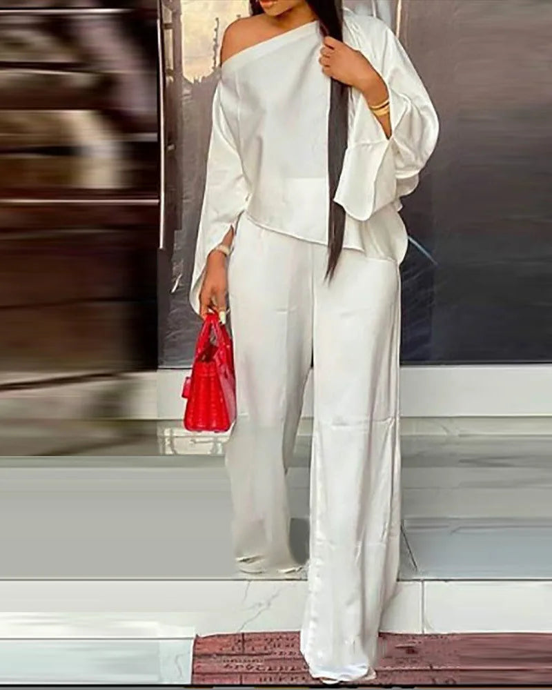 Diagonal Shoulder Wide Leg Trouser 2 piece Set