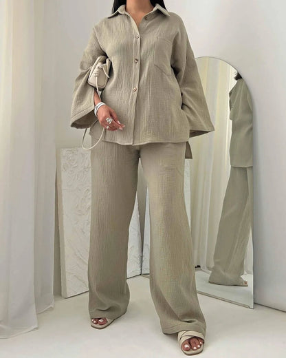 Two Piece Set with Pocket Shirt and Wide Leg Pants