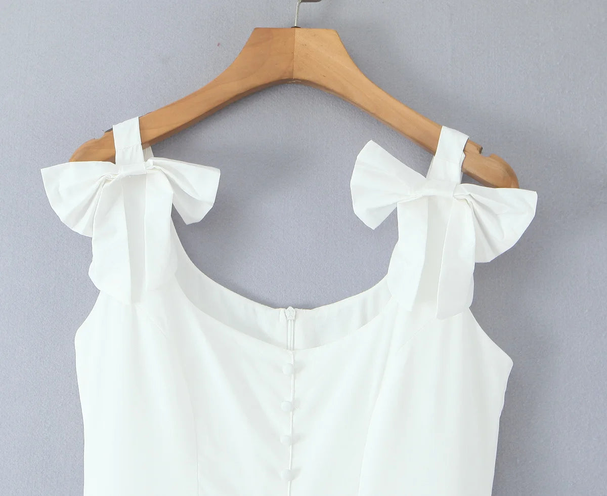 White Bow Strap Sleeveless Dress
