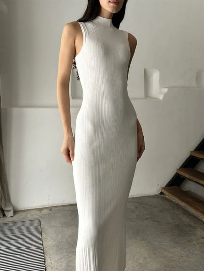 Sleeveless Ribbed Knit Turtleneck Maxi Dress