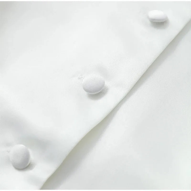 Satin Solid Round Neck Puffer Short Sleeve Button-up Blouse