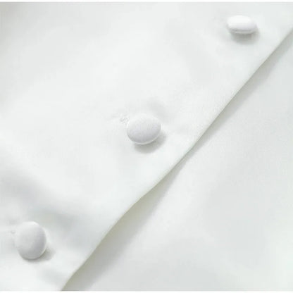 Satin Solid Round Neck Puffer Short Sleeve Button-up Blouse