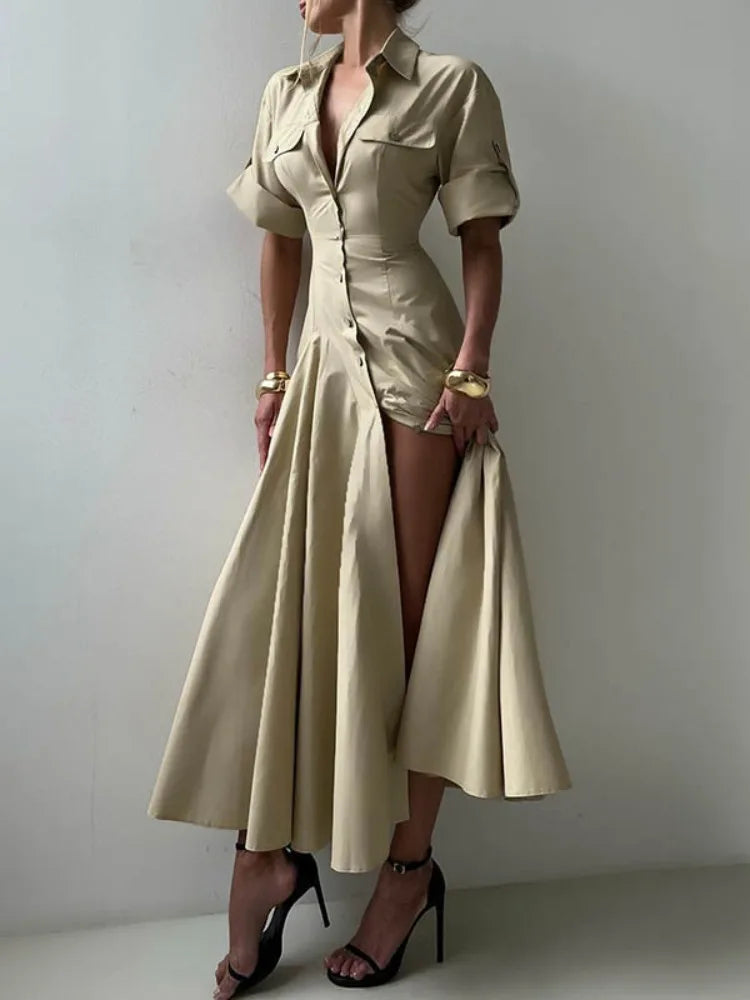Slim Waist A-line Pleated Button-up Dress