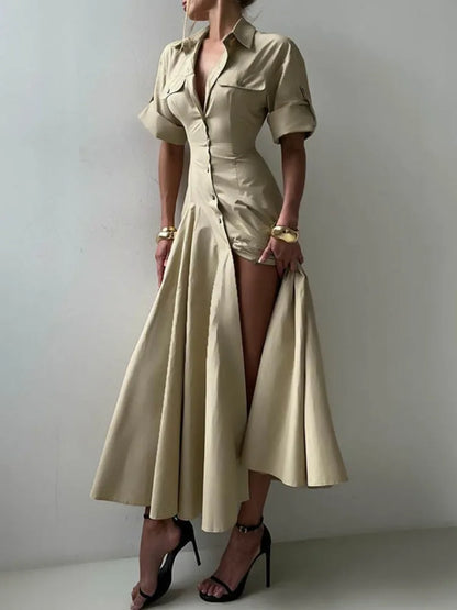 Slim Waist A-line Pleated Button-up Dress