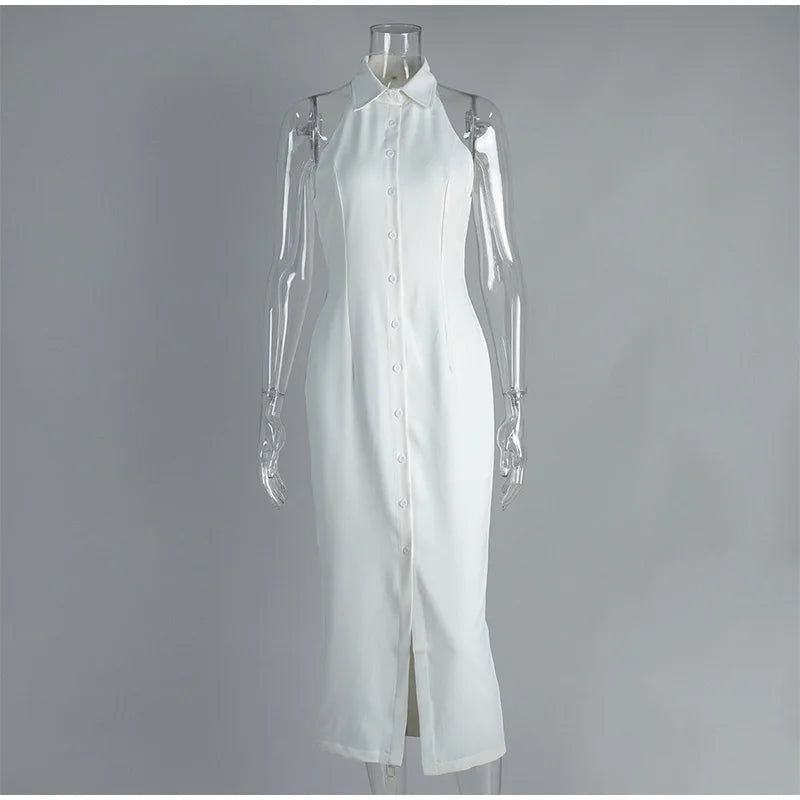 White Sleeveless Collared Denim Maxi Dress