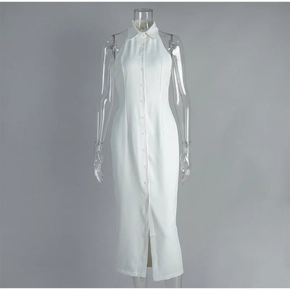 White Sleeveless Collared Denim Maxi Dress