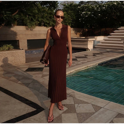 Elegant Knitted Pleated Polo Neck A-line Evening Dress
