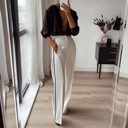 Elegant Side Striped High Waisted Straight Long Trousers