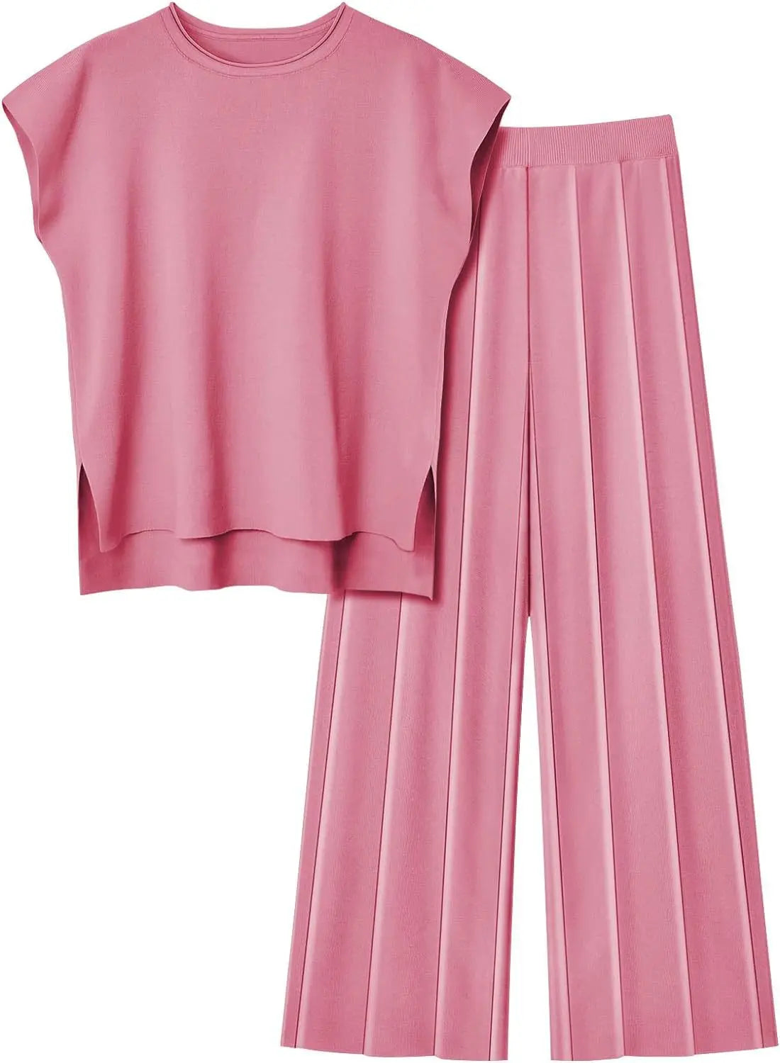 Knitted Two Piece Sleeveless Round Neck Top with High Wasted Wide Leg Pants