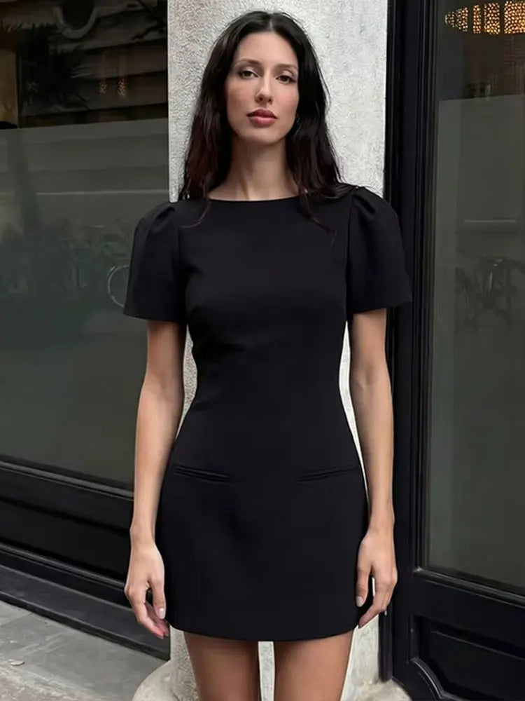 Elegant Solid Color Puff Sleeve Dress