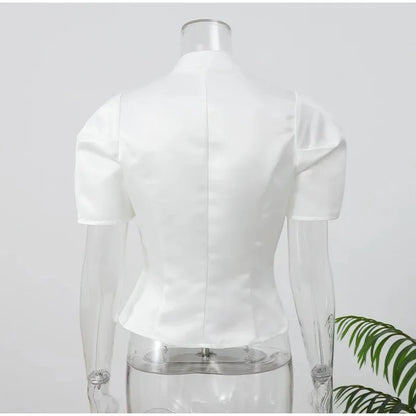 Satin Solid Round Neck Puffer Short Sleeve Button-up Blouse
