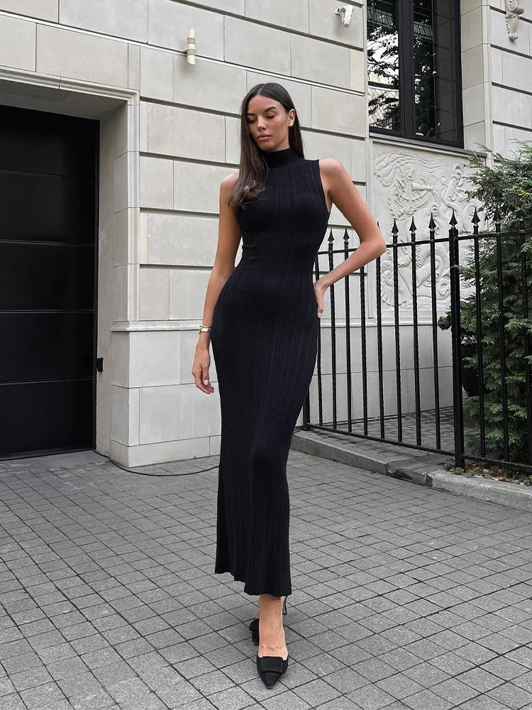 Sleeveless Ribbed Knit Turtleneck Maxi Dress
