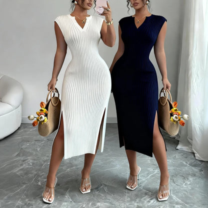 Knitted Sleeveless V-Neck Side Slit Maxi Dress