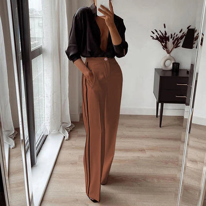 Elegant Side Striped High Waisted Straight Long Trousers