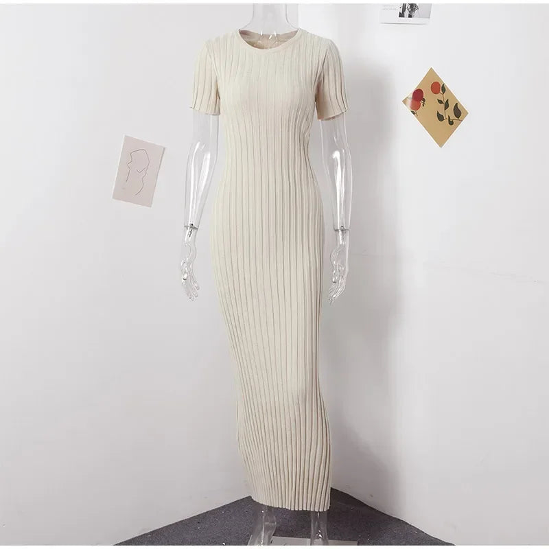 Knitted Short Sleeve Pleated Long Dress