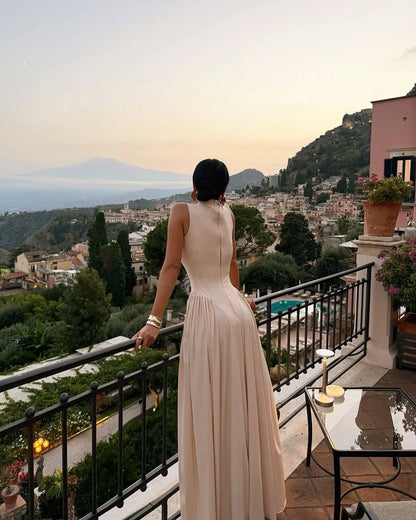 Slim Solid Color Big Hem Long Sleeveless Pleated Evening Dress