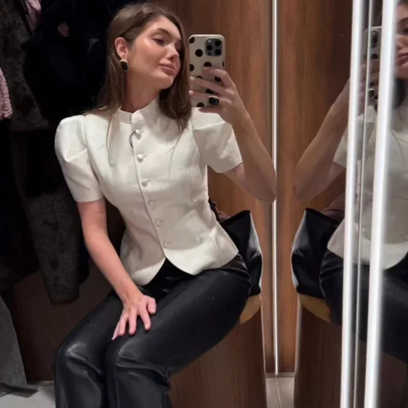 Satin Solid Round Neck Puffer Short Sleeve Button-up Blouse