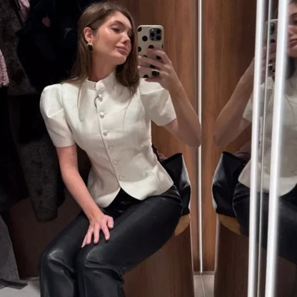 Satin Solid Round Neck Puffer Short Sleeve Button-up Blouse