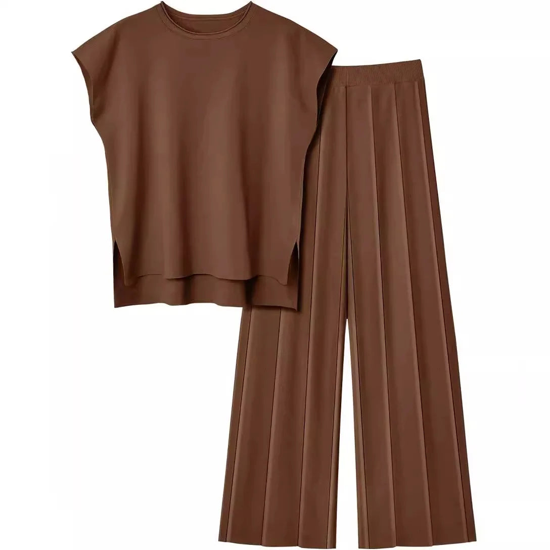 Knitted Two Piece Sleeveless Round Neck Top with High Wasted Wide Leg Pants