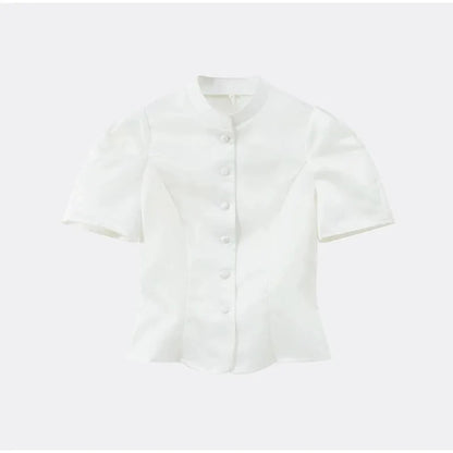 Satin Solid Round Neck Puffer Short Sleeve Button-up Blouse