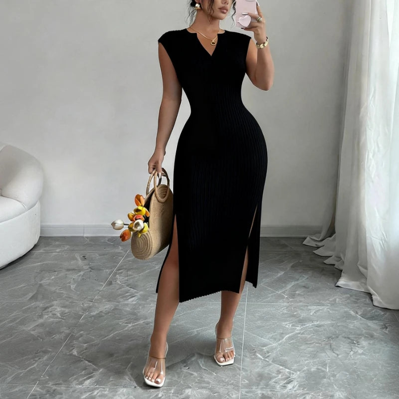 Knitted Sleeveless V-Neck Side Slit Maxi Dress