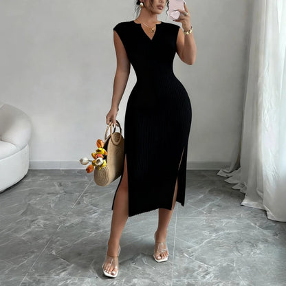 Knitted Sleeveless V-Neck Side Slit Maxi Dress