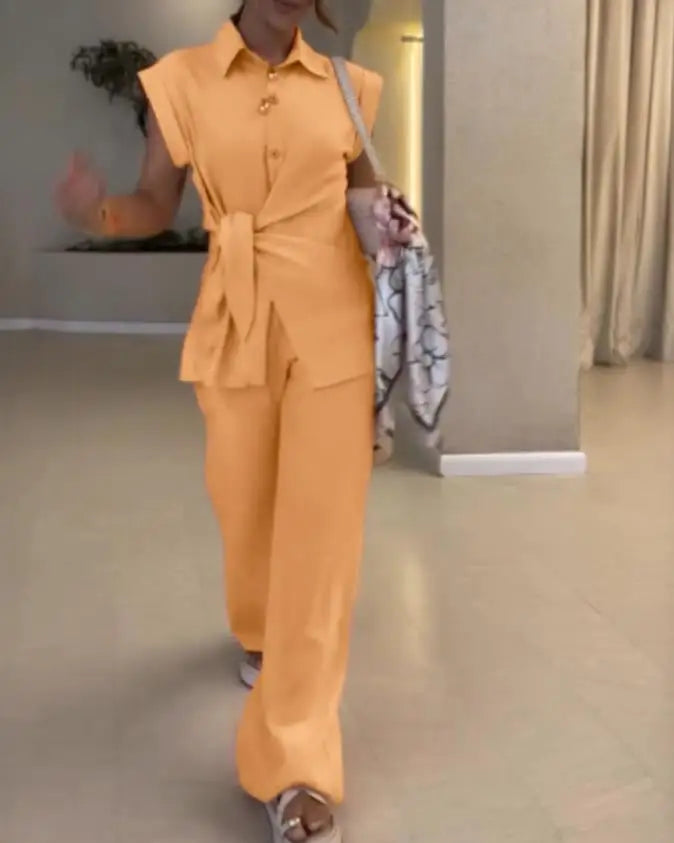 Elegant Short-sleeved Single Breasted Pants Set