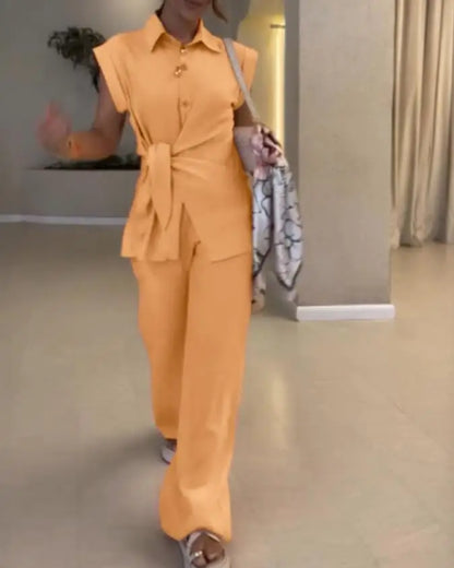 Elegant Short-sleeved Single Breasted Pants Set