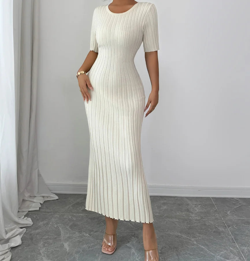 Elegant Short Sleeved Round Neck Casual Long Dress