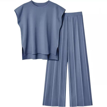 Knitted Two Piece Sleeveless Round Neck Top with High Wasted Wide Leg Pants