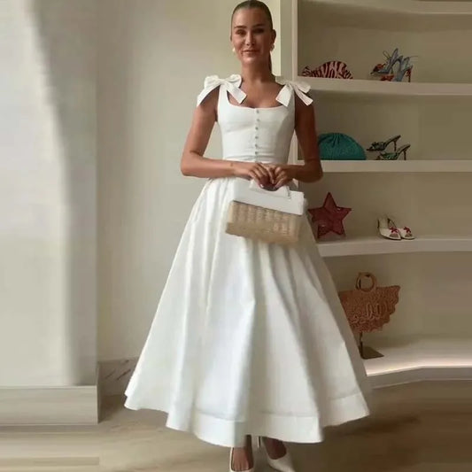 White Bow Strap Sleeveless Dress