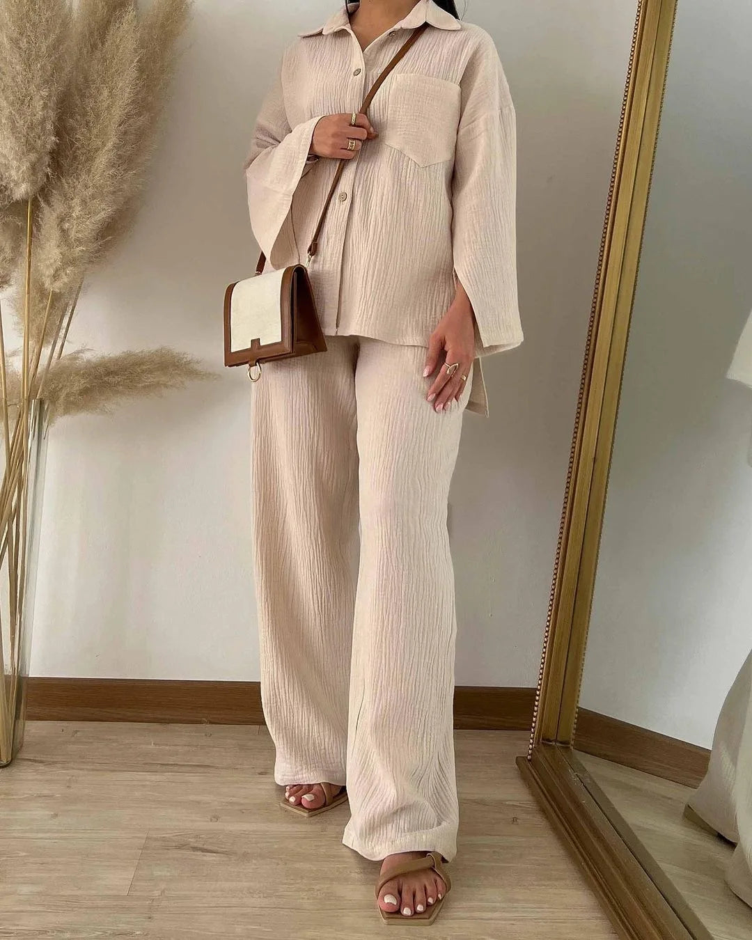 Two Piece Set with Pocket Shirt and Wide Leg Pants