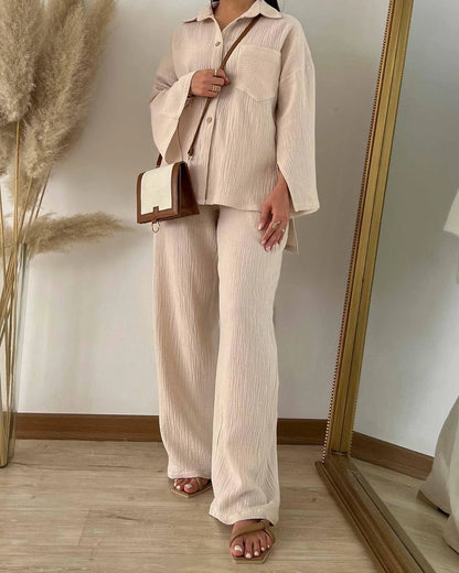 Two Piece Set with Pocket Shirt and Wide Leg Pants
