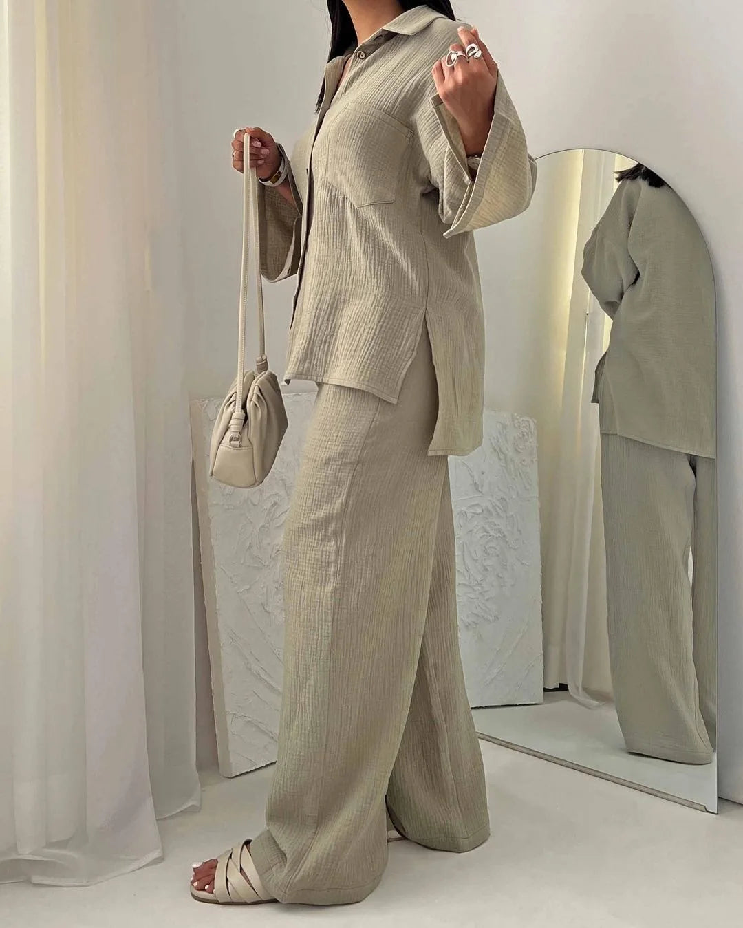 Two Piece Set with Pocket Shirt and Wide Leg Pants