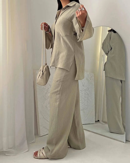 Two Piece Set with Pocket Shirt and Wide Leg Pants