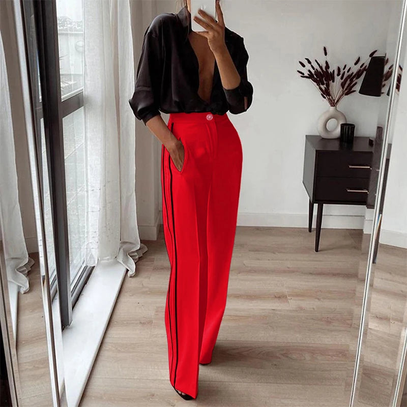 Elegant Side Striped High Waisted Straight Long Trousers