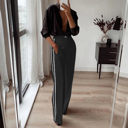 Elegant Side Striped High Waisted Straight Long Trousers