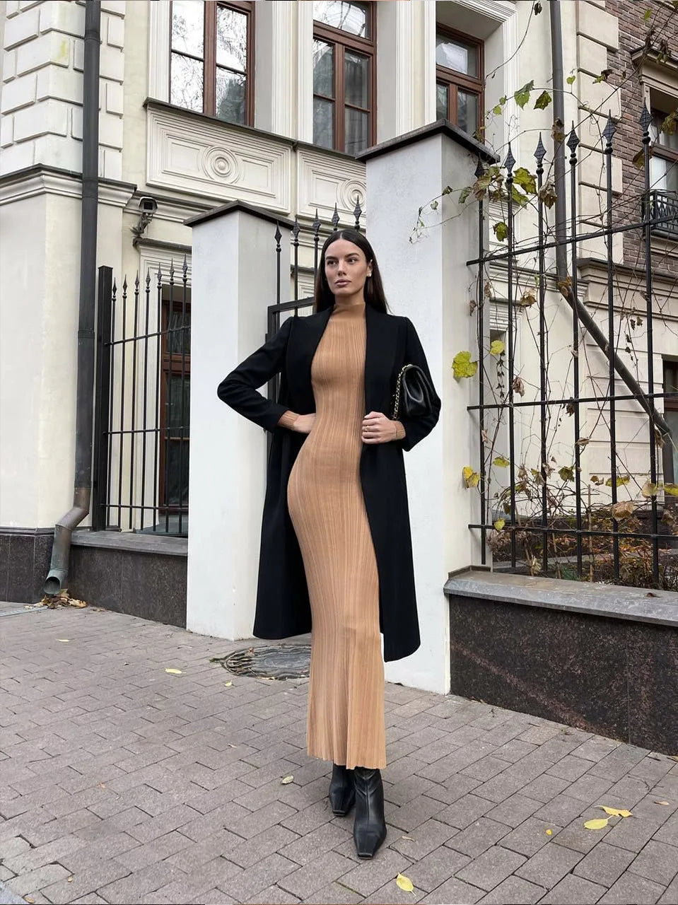 Slim Long-Sleeved Striped Turtleneck Knitted Dress